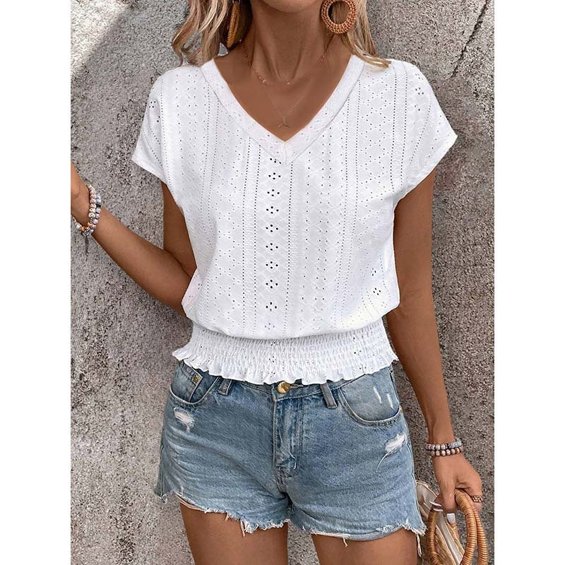 Women Summer Eyelet Top Casual V Neck Short Sleeve Smocked Shirts Loose Tunic Tops Blouses