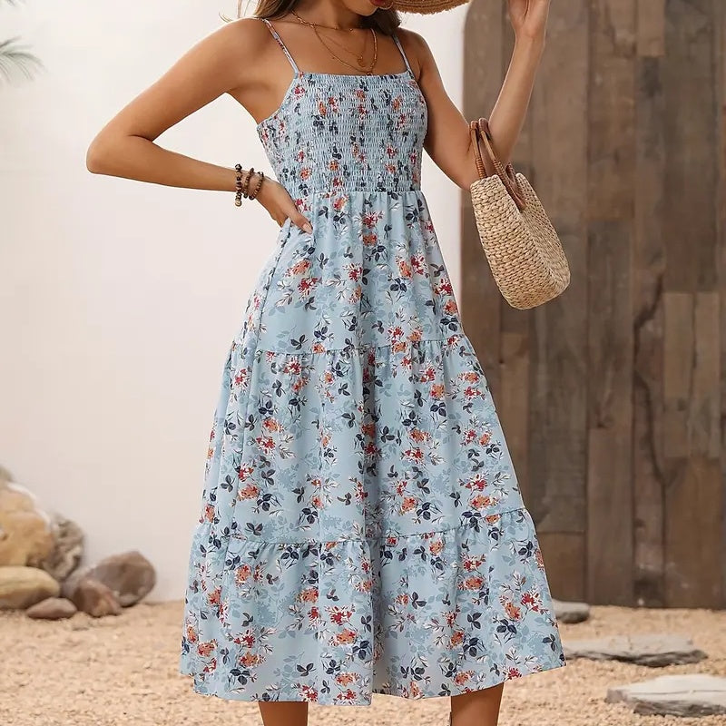 Womens Summer Floral Midi Dress Smocked Spaghetti Strap Sleeveless Tiered Casual Flowy Dresses