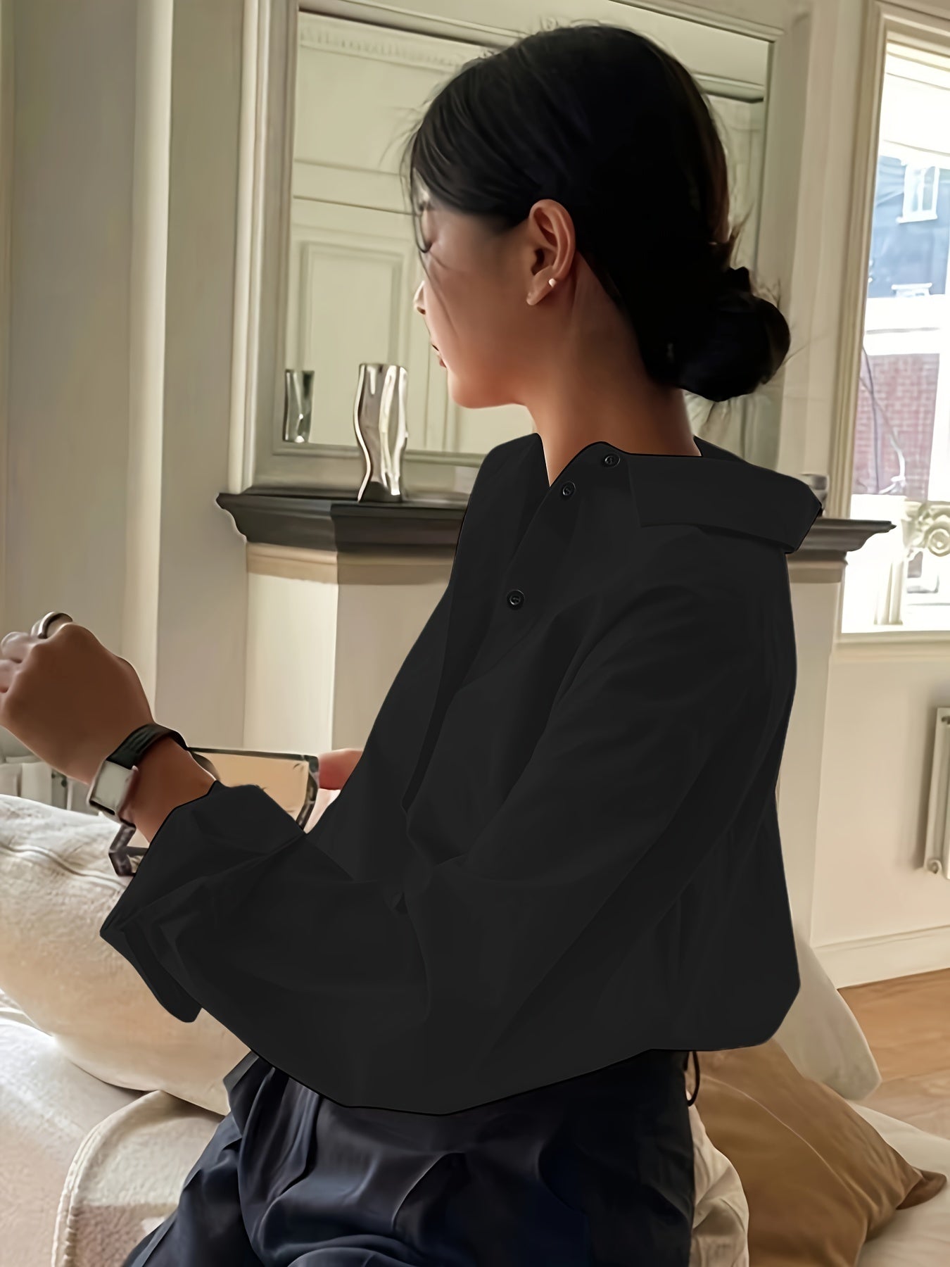 Plus Size Women's Elegant Casual Business Long Sleeve Shirt - Classic Collar Button-Up Blouse, Solid Color Non-See-Through Fabric,