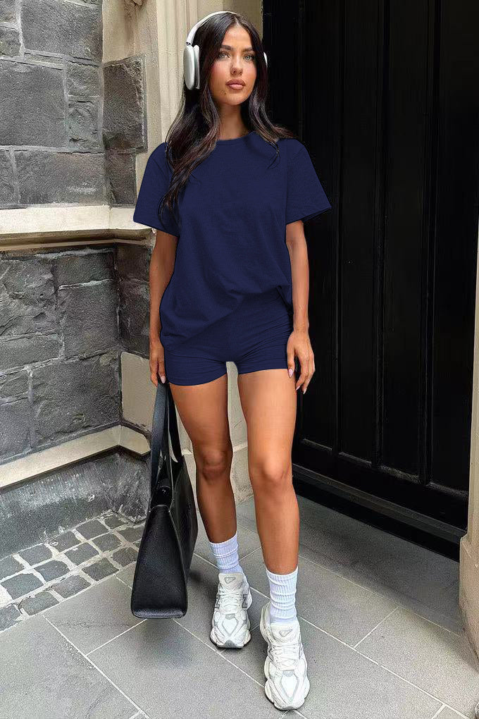 Three Piece Set, Round Neck Short Sleeved Top And Shorts And Pants Set, Sports And Casual Clothing