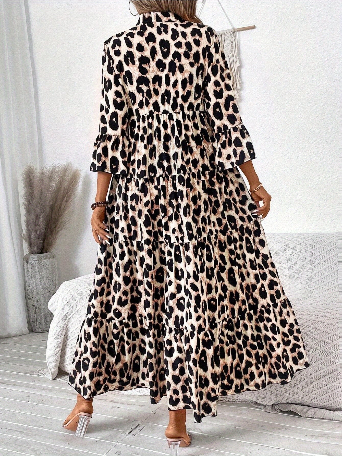 Women's Leopard Print Mid-Sleeve Loose-Fit Casual Comfortable Maxi Dress - Flattering For Slimming