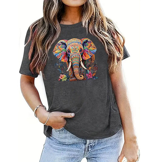 Women's Round Neck Short Sleeve T-Shirt With Colorful Elephant Print, Casual Summer Top