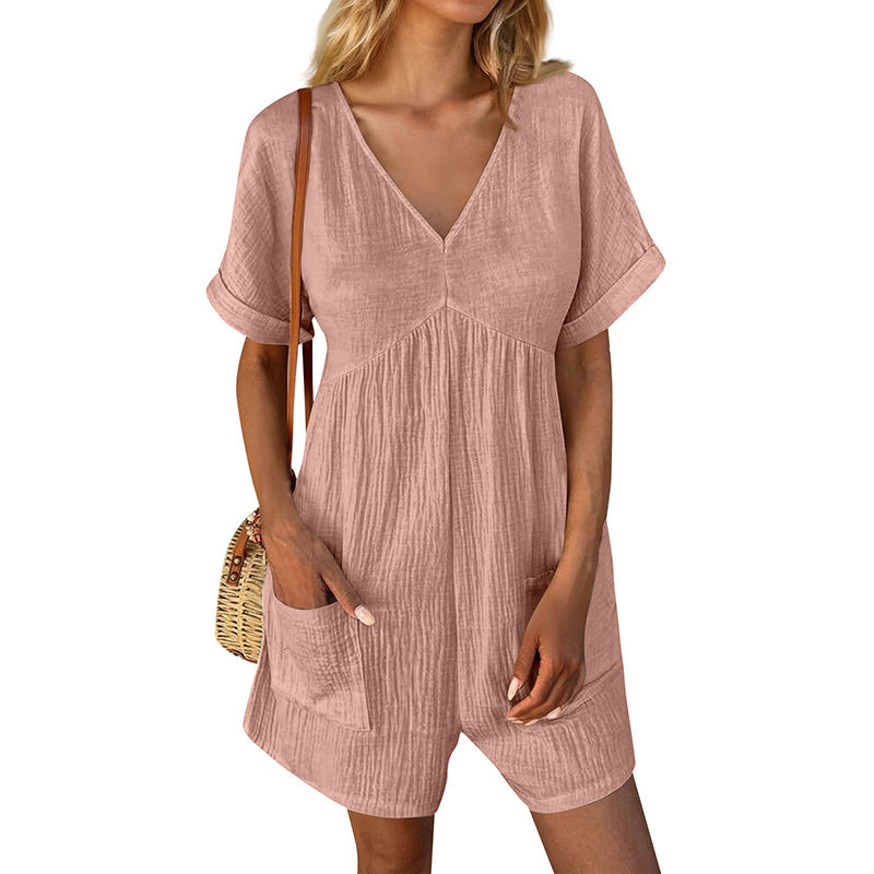Womens Summer Romper Casual Short Sleeve V Neck Short Jumpsuits With Pockets