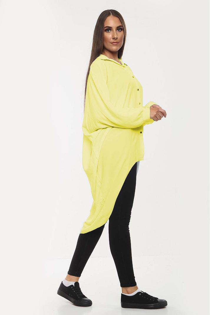 High-Low Oversized Button Long Top Shirt Dress With Hem And Long Sleeves