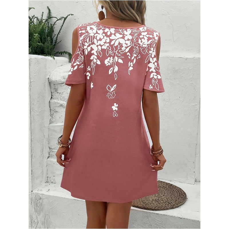 Women's Summer Cold Shoulder Crew Neck Floral Print Dress Beach Vacation Boho Mini Sundress