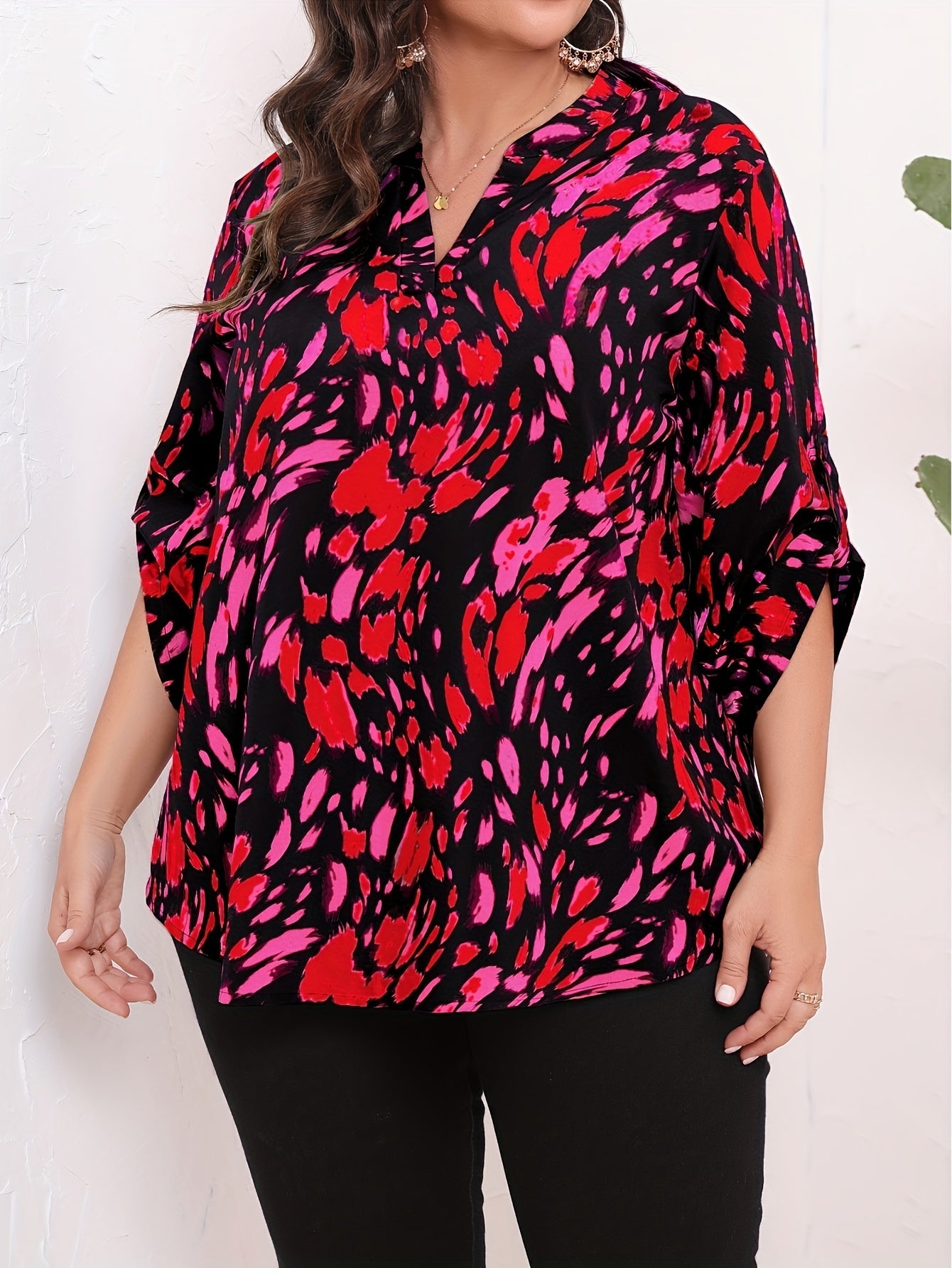 Women's Plus Size Fashion Print Summer Casual Elbow Sleeve Outgoing Top