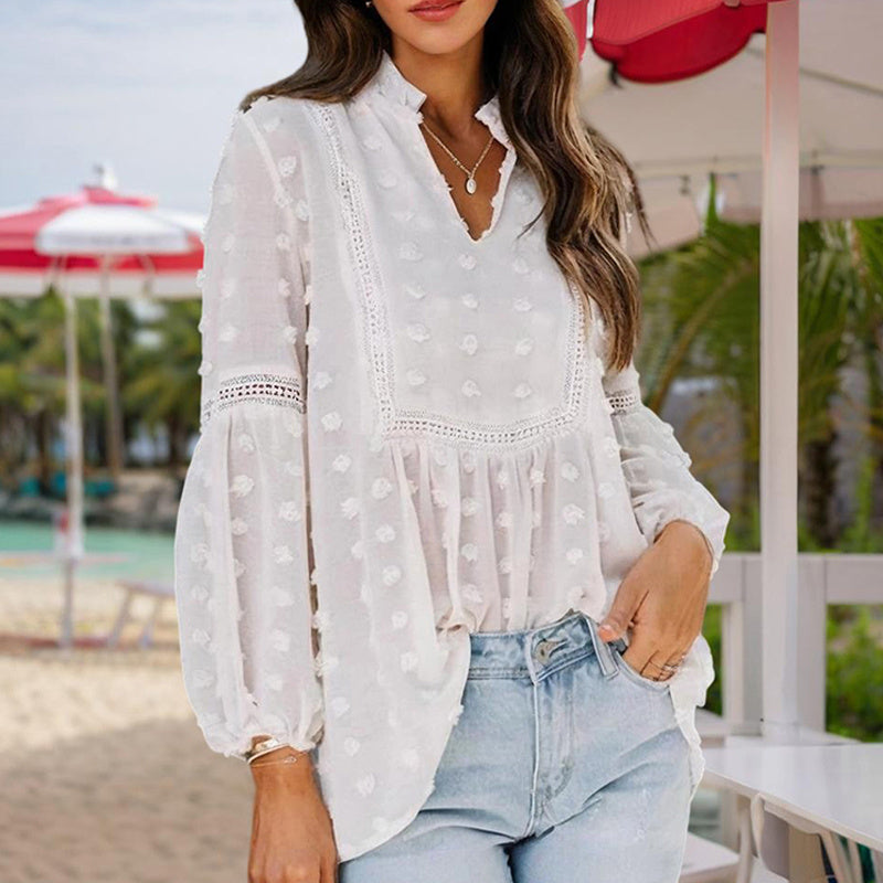 Women's V-Neck Long Sleeve Blouse - Lace Cutout & Jacquard Detail Loose Top Spring Summer Casual Shirt