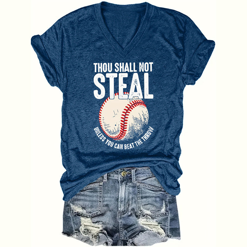 Women's V-Neck 'Thou Shall Not Steal' Baseball Graphic T-Shirt - Humorous Casual Short Sleeve Tee, Soft Top For Summer