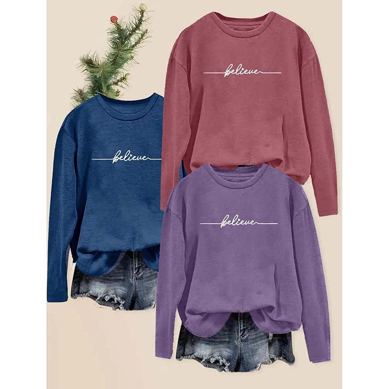 Women's 3 Packs Graphic Long Sleeve T Shirts Letter Print Tees Casual Crewneck Tunic Tops