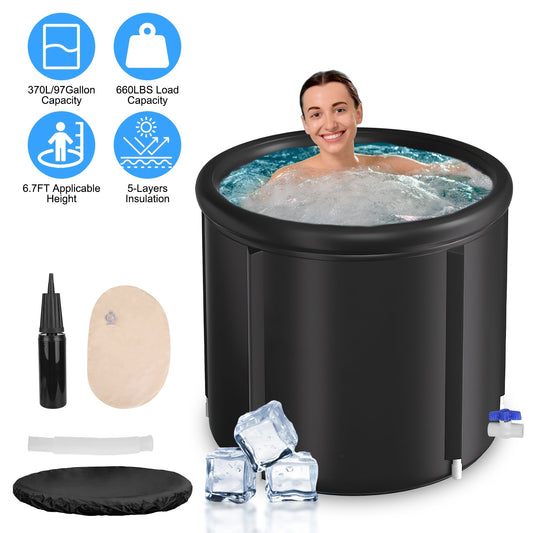 1Pc 97Gal Large Size Ice BathTub With Cover For Adults Athletes Recovery Cold Water Therapy Outdoor Portable Cold Plunge Tub 660LBS Load Capacity 33.46x33.46x29.52in