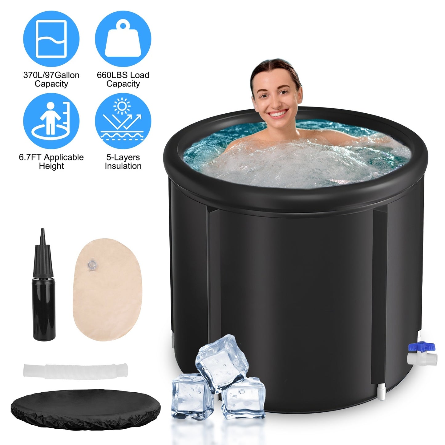1Pc 97Gal Large Size Ice BathTub With Cover For Adults Athletes Recovery Cold Water Therapy Outdoor Portable Cold Plunge Tub 660LBS Load Capacity 33.46x33.46x29.52in
