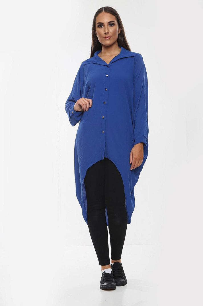 High-Low Oversized Button Long Top Shirt Dress With Hem And Long Sleeves