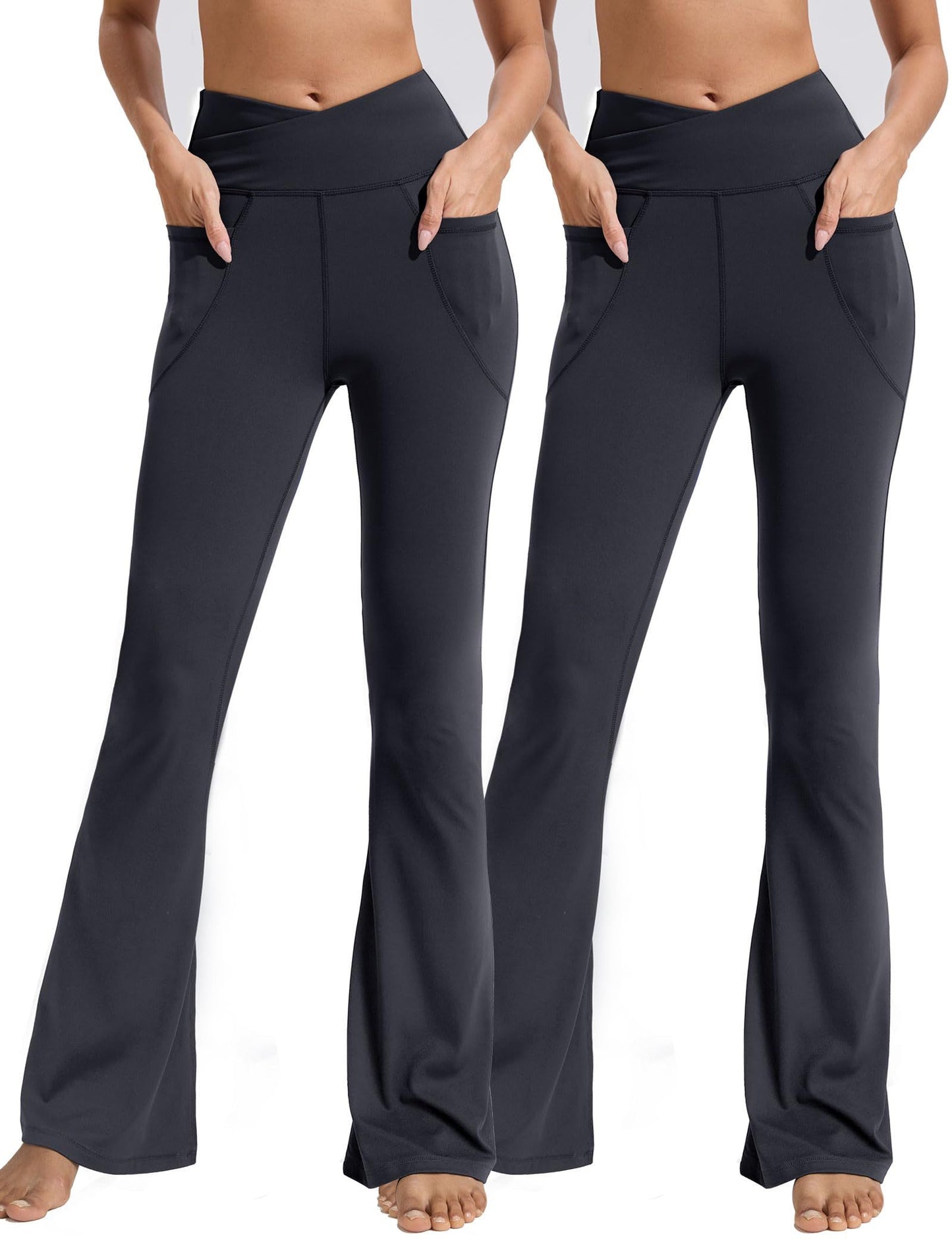 Flared Pants - Cropped Cross Waist Pocket Polyester Double Mill Two Black 2PCS