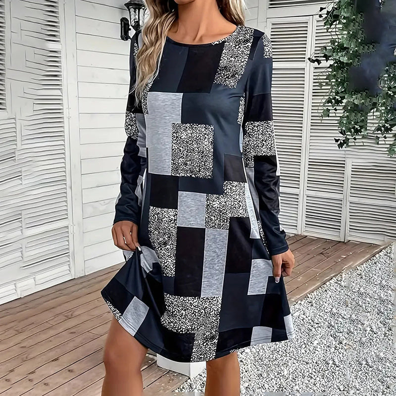 Women's Round Neck Long Sleeve Dress - Digital Print Casual Elegant Spring & Fall Dress