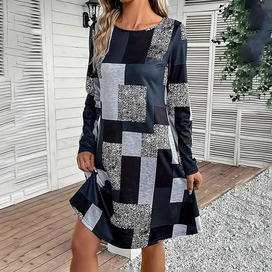 Women's Round Neck Long Sleeve Dress - Digital Print Casual Elegant Spring & Fall Dress