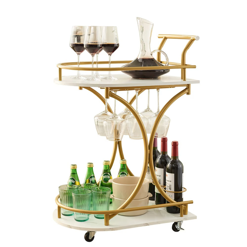 2-Tier Bar Cart,Gold Wine Cart With Wine Rack & Glass Holder,Mobile Bar Serving Cart,for Party,Home,Rolling Drink Trolley For Living Room