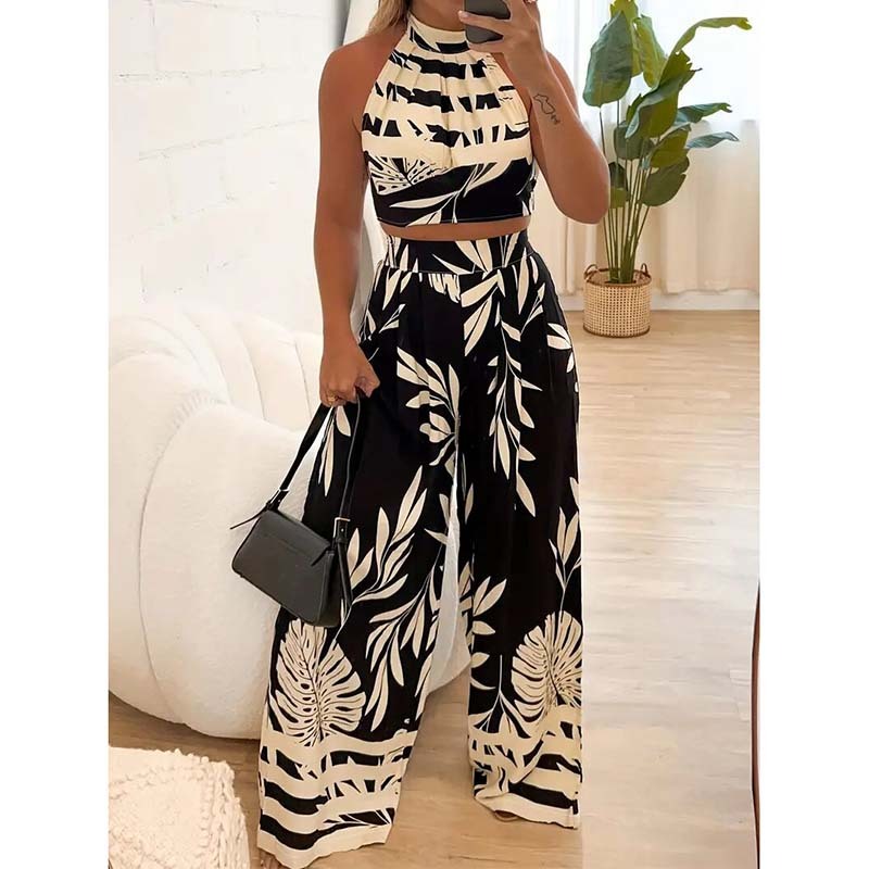 Women's 2 Piece Outfits Plants Graphic Print Crop Halter Top And Wide Leg Pants Set