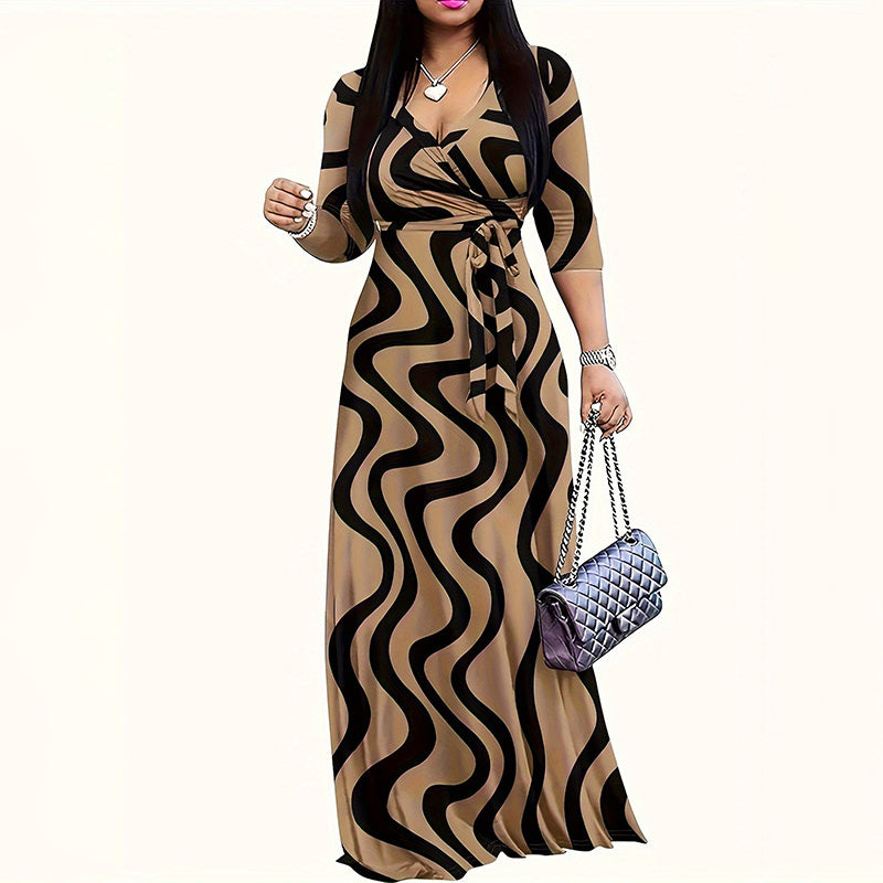 Women's V-Neck Elegant Half-Sleeve Belted Waist Print Maxi Dress For Spring&Summer Dress