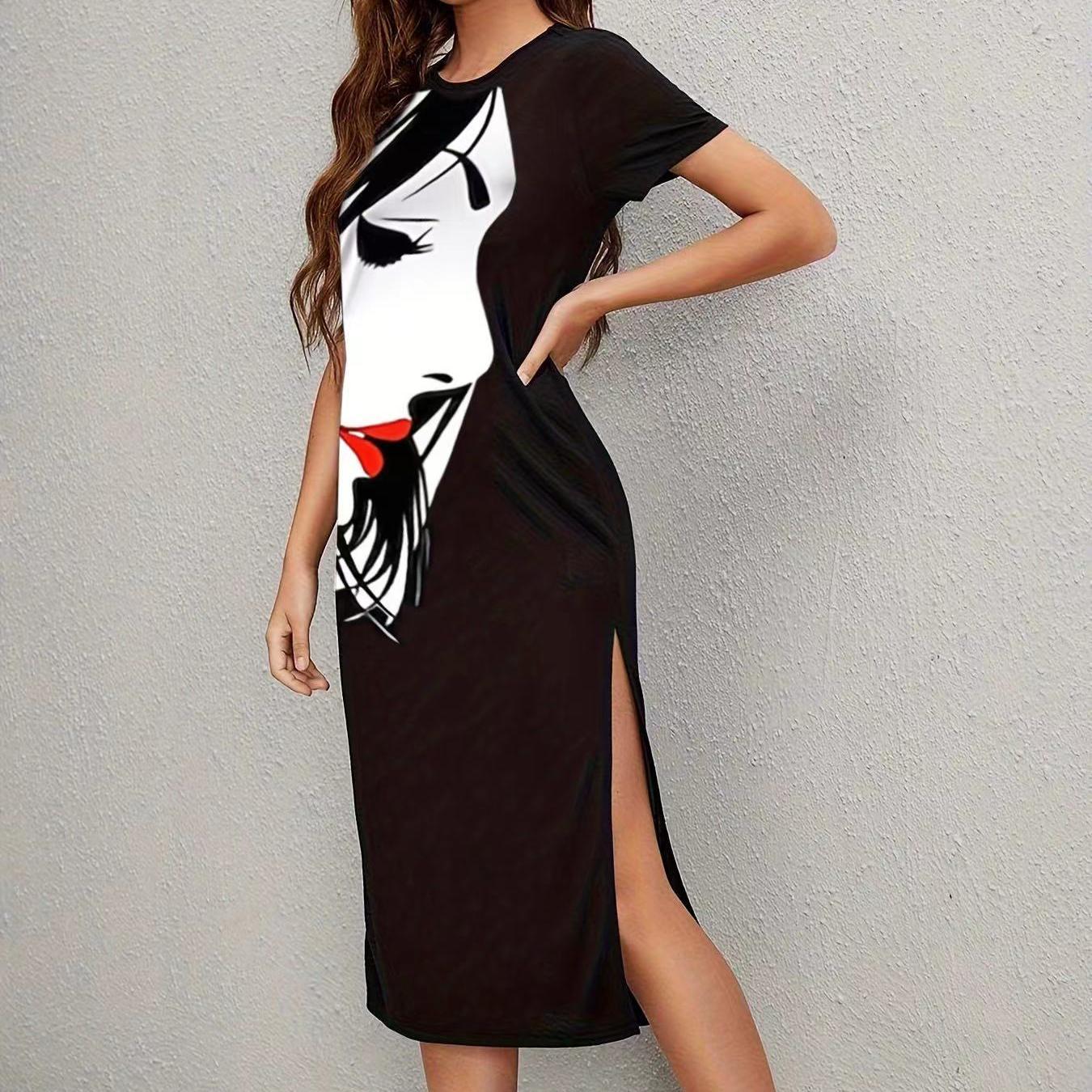 Ladies' Fashionable Printed Solid Color Slim Fit Side Slit Dress