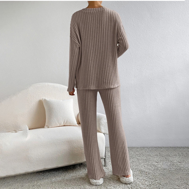 Women's 2-Piece Set Solid Color V-Neck Long Sleeve Top & Straight Leg Pants, Ribbed Texture Outfit For Fall&Winter