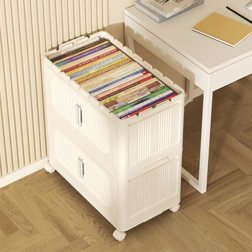 Cream White 19.69 Side Wide Folding Storage Cabinet ,3 Tiers,19.69x11.81x31.1,Collapsible Storage Bins With Magnetic Door, Plastic Storage Cabinet With Wheels