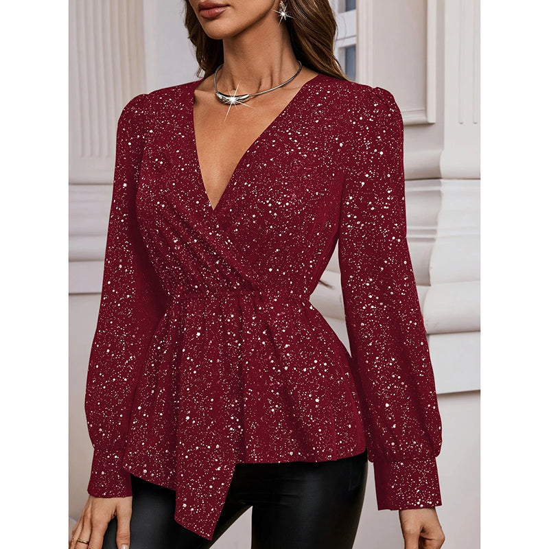 Womens Sparkly Tops Shiny Long Sleeve Ruched Asymmetrical Hem Sparkle Blouses Cocktail Party Evening Shirts