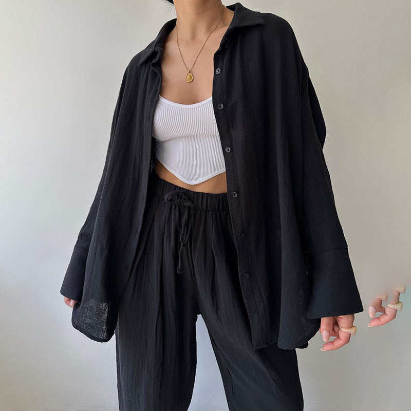 Women's Solid Color Lapel Collar Long Sleeve Shirt & High-Waist Pants Set - Casual Loose Fit Spring&Summer Outfit