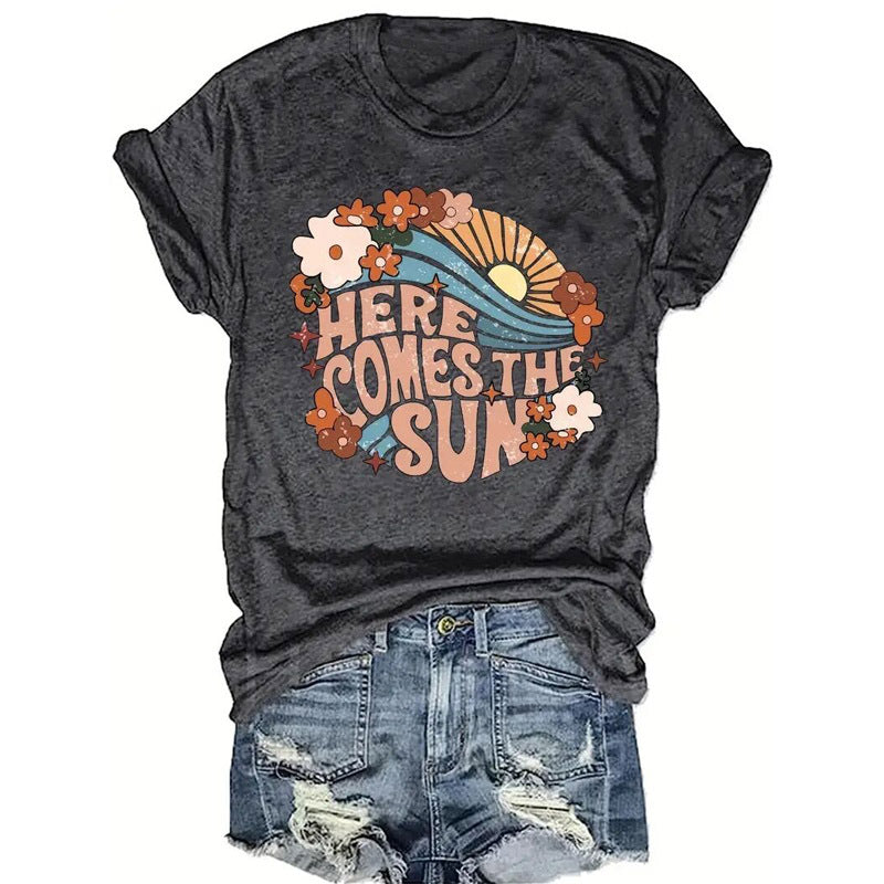 Women's Letter Floral Geometric Print Short Sleeve T-Shirt - Casual Round Neck Summer Top