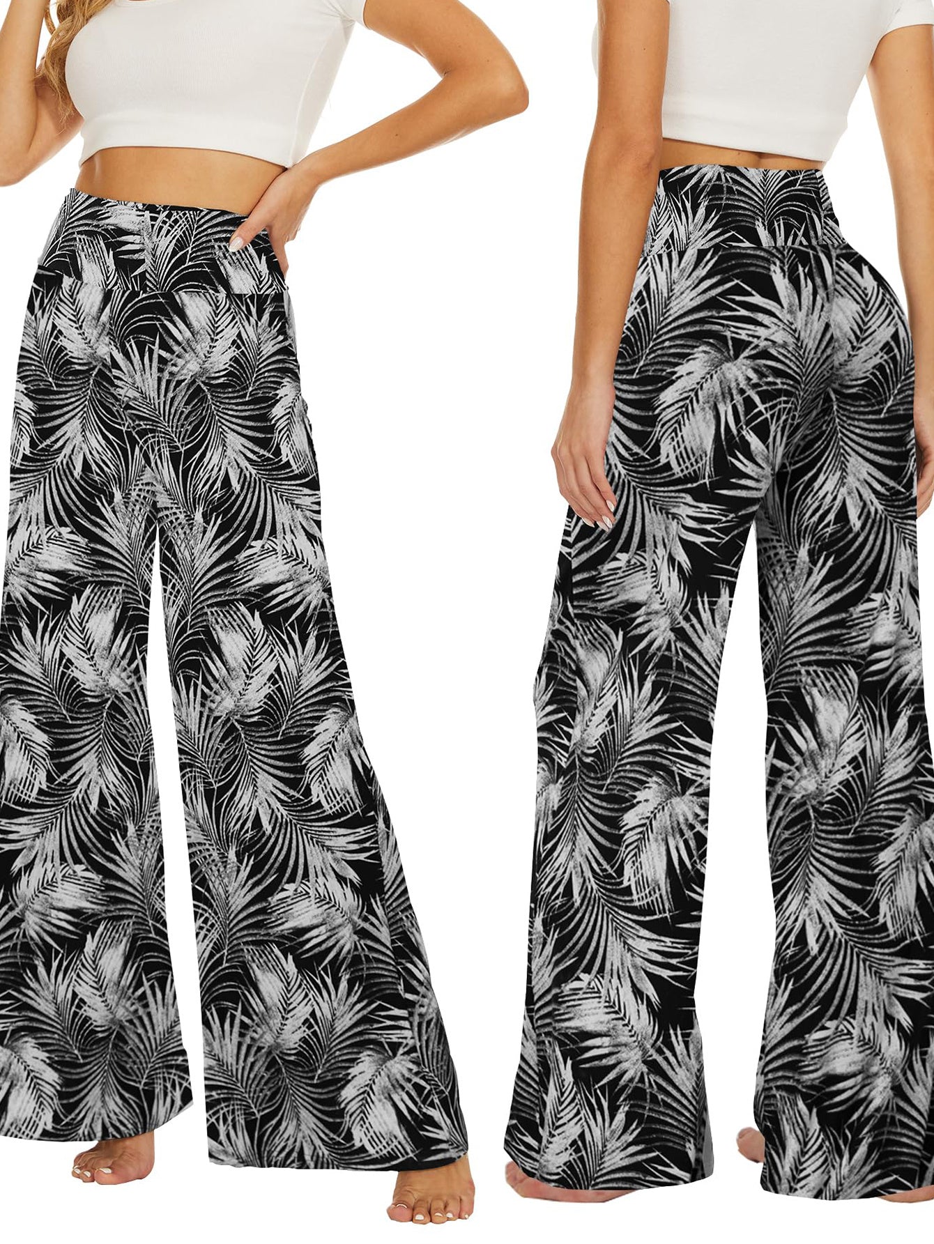 Wide-leg Trousers - Skirt Printed With White Leaves