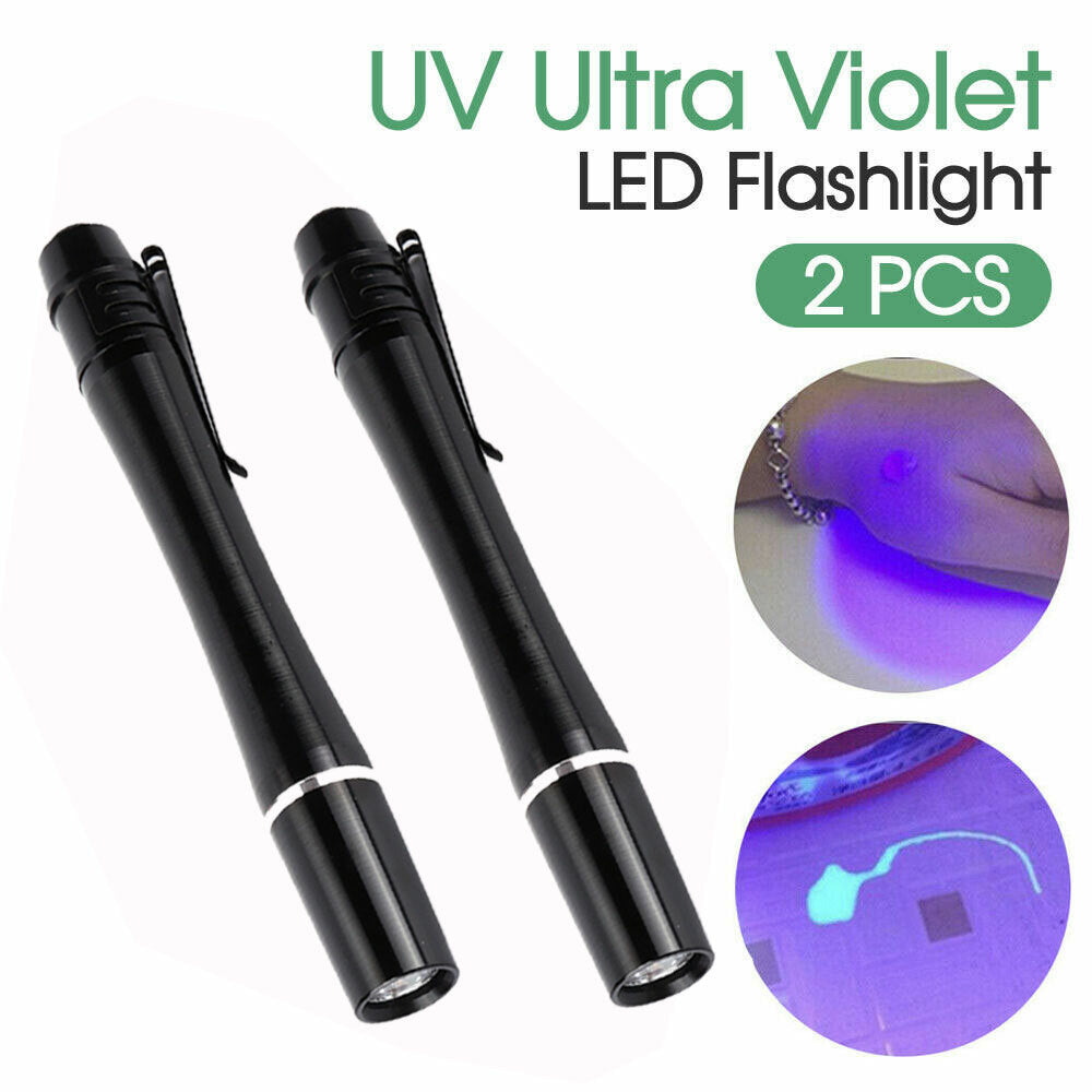 2x UV Pen Light 395nm Black Light Portable Ultra Violet Pocket LED Flashlight Mini Torch Work Light