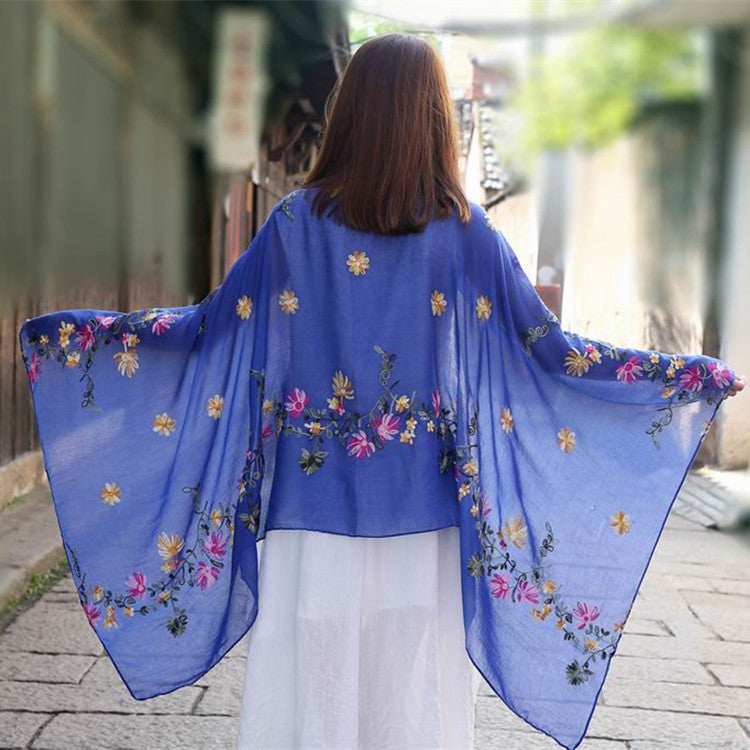 Embroidered Cotton And Linen Scarf Travel Sunscreen Ethnic Style Silk Scarf
