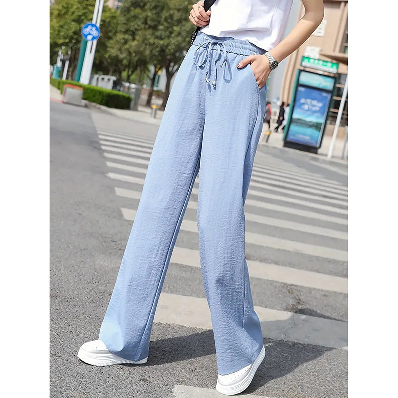 Women's Casual Pants Drawstring Elastic Waist Pants Flowy Wide Leg Trousers With Pockets