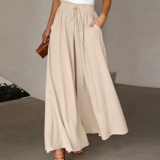 Women's High Waist Wide Leg Pants Elastic Drawstring Casual Loose Flowy Trousers With Pockets