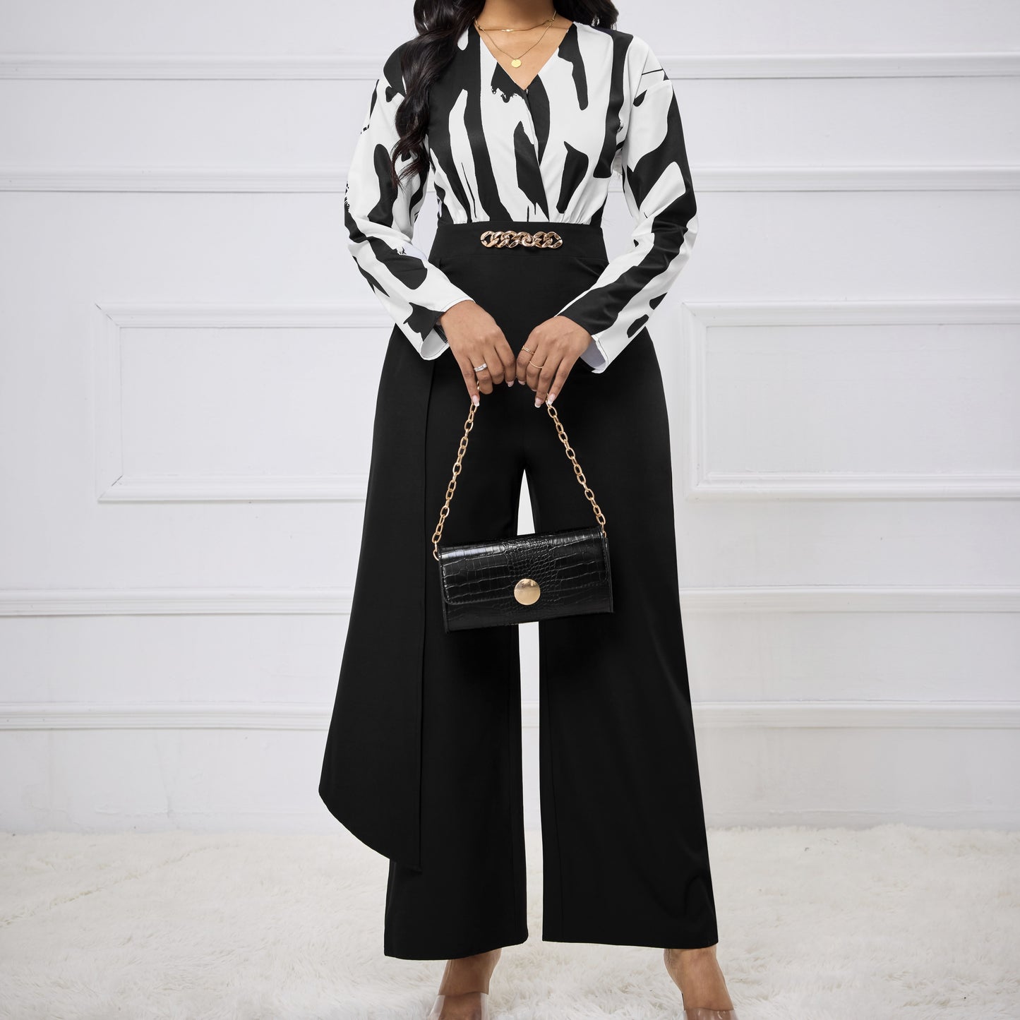 Women's V-neck Printed Waist Cinching Loose Wide Leg Jumpsuit