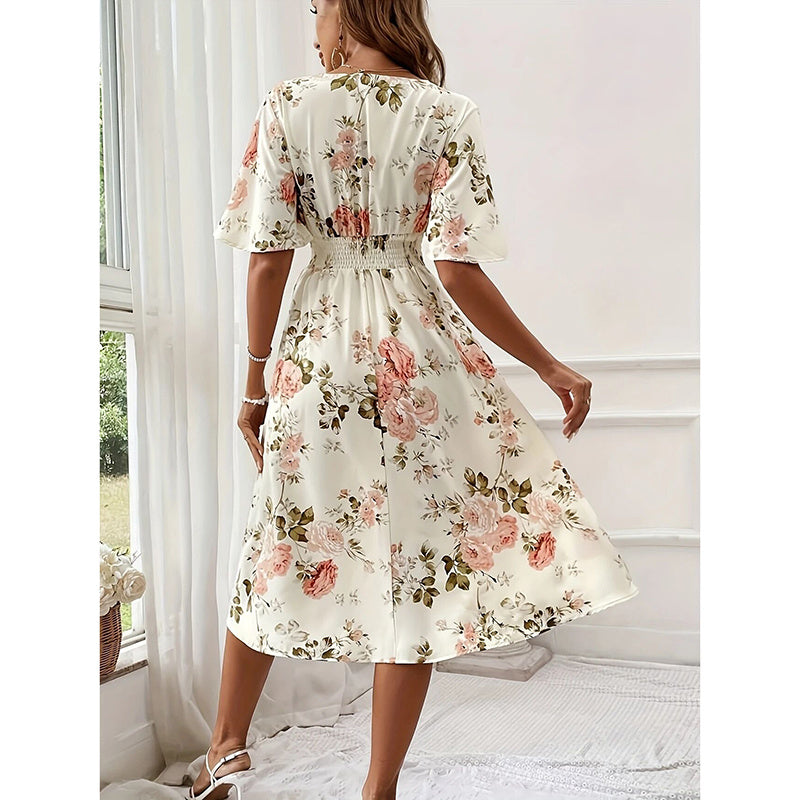 Women's Floral Boho Summer Midi Dress Ruffle Short Sleeve V Neck Empire Waist Flowy Dress