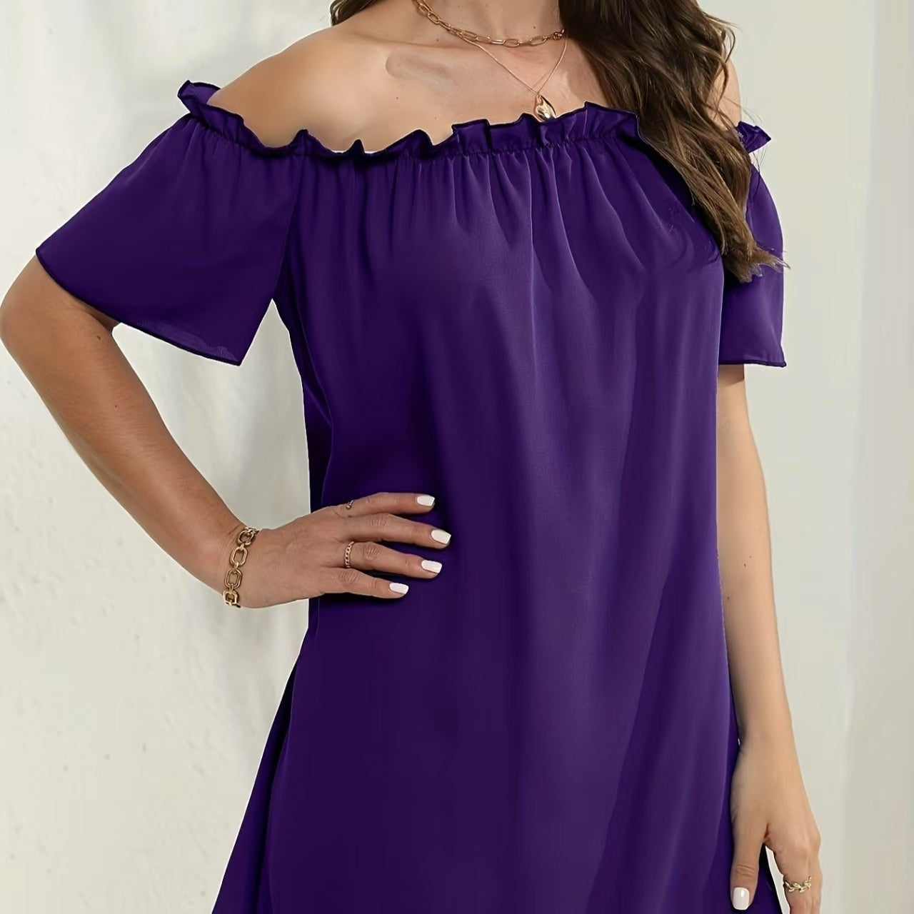 Ladies' Fashion Off Shoulder Ruffle Solid Color Decorative One Shoulder Casual Dress