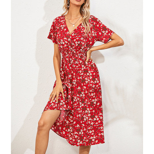 Womens Summer Dresses Boho V Neck Floral Print Short Sleeve Mini Dress Cute Smocked Waist Short Dress