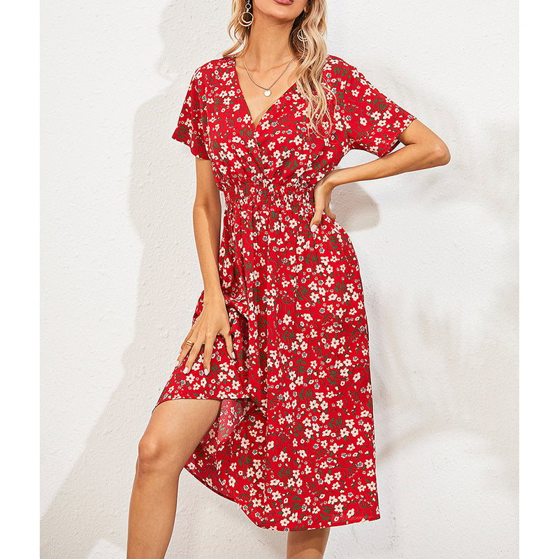 Womens Summer Dresses Boho V Neck Floral Print Short Sleeve Mini Dress Cute Smocked Waist Short Dress