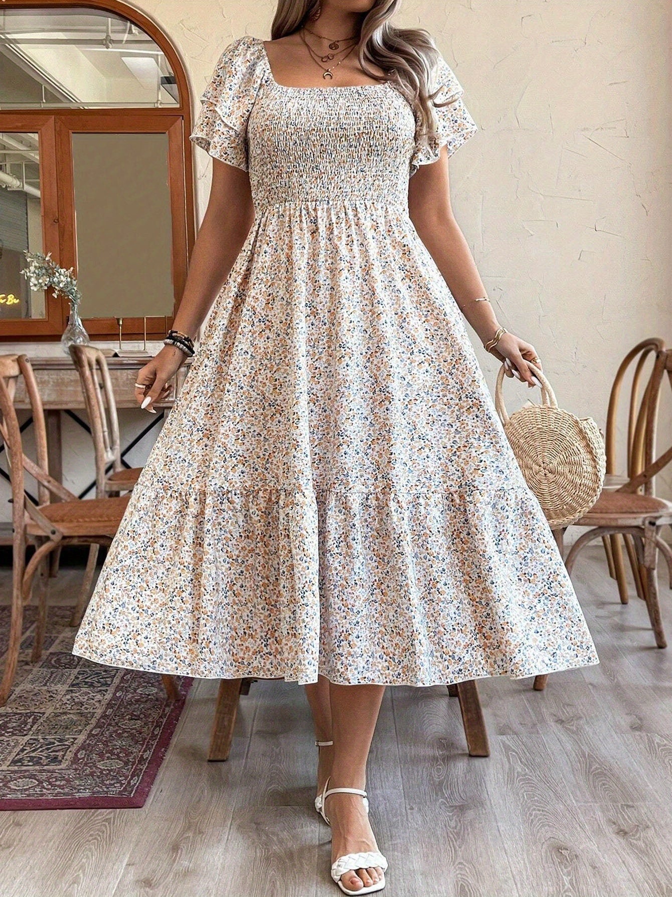 Women's Plus Size Backless Midi Dress For Summer Party - Elegant Pleated Printed Dress