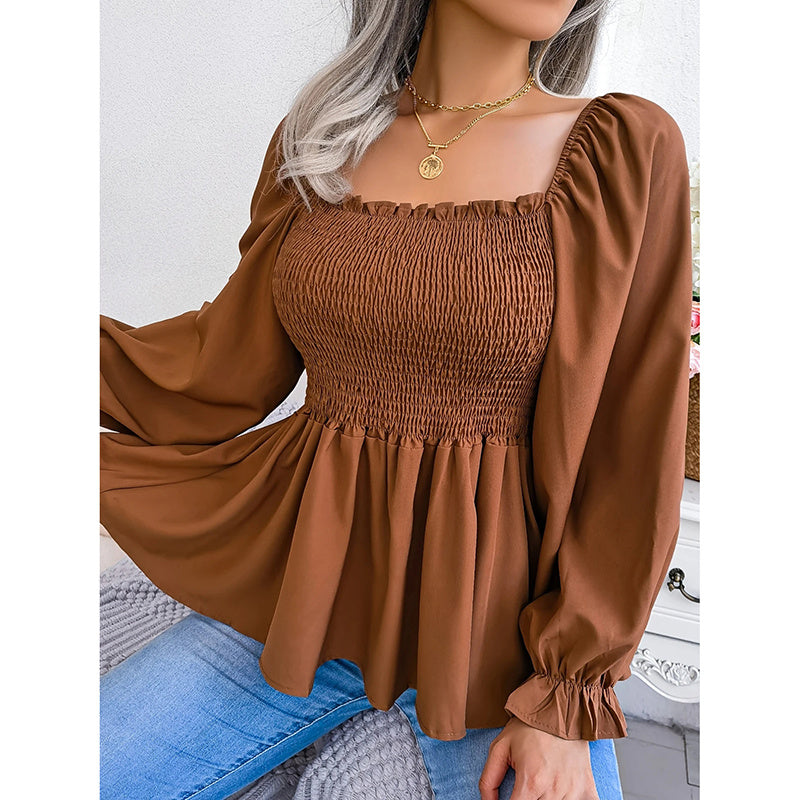 Women's Peplum Tops Square Neck Ruffle Trim Long Sleeve Blouse Smocked Top Dressy Casual Shirts