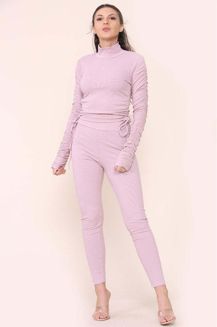 High Neck Ruched Side Arm Solid Drawstrings Ribbed Tee And Leggings Set