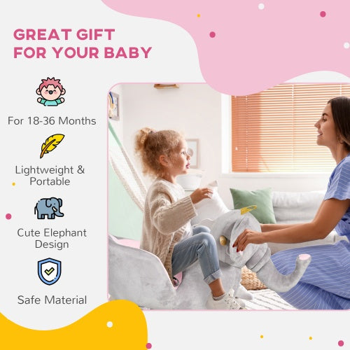 Qaba Baby Rocking Horse Elephant Rocking Chair Toddler Rocker Toy With Sound Wooden Base Seat Safety Belt For 1.5-3 Year Old, Gray