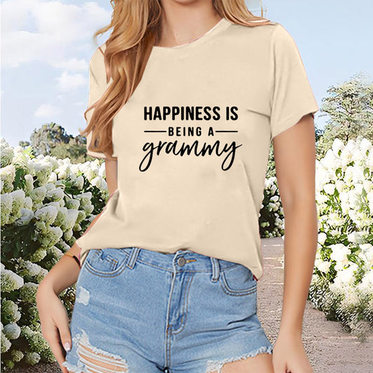 Women's Round Neck Short Sleeve T-Shirt - 'HAPPINESS IS BEING A GRAMMY' Print, Casual Summer Tee
