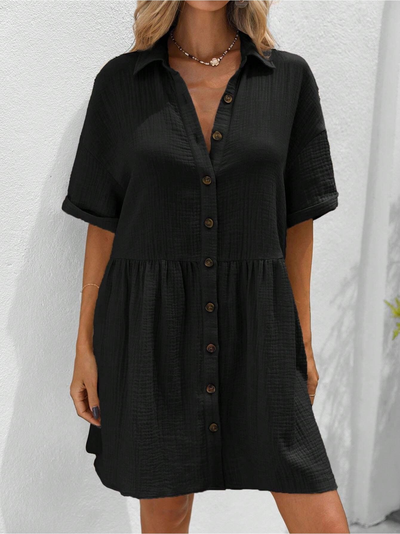 Women's Holiday Loose Solid Color Casual Summer Shirt Dress With Ruffles