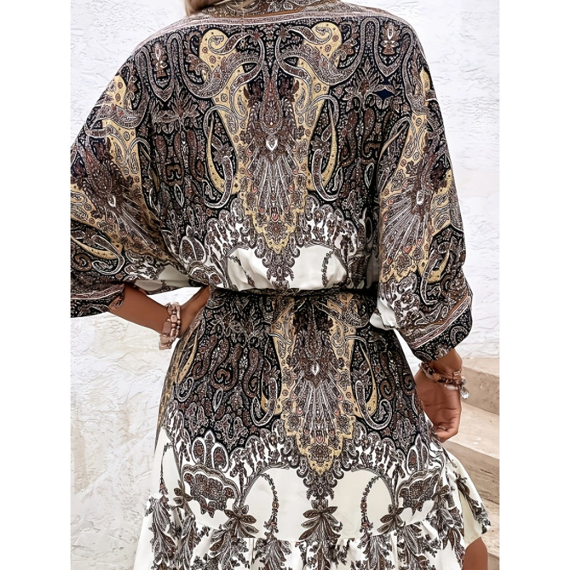 Women's Bohemian Dress V Neck Front Tie Short Sleeve Floral A Line Beach Boho Flowy Tunic Dress