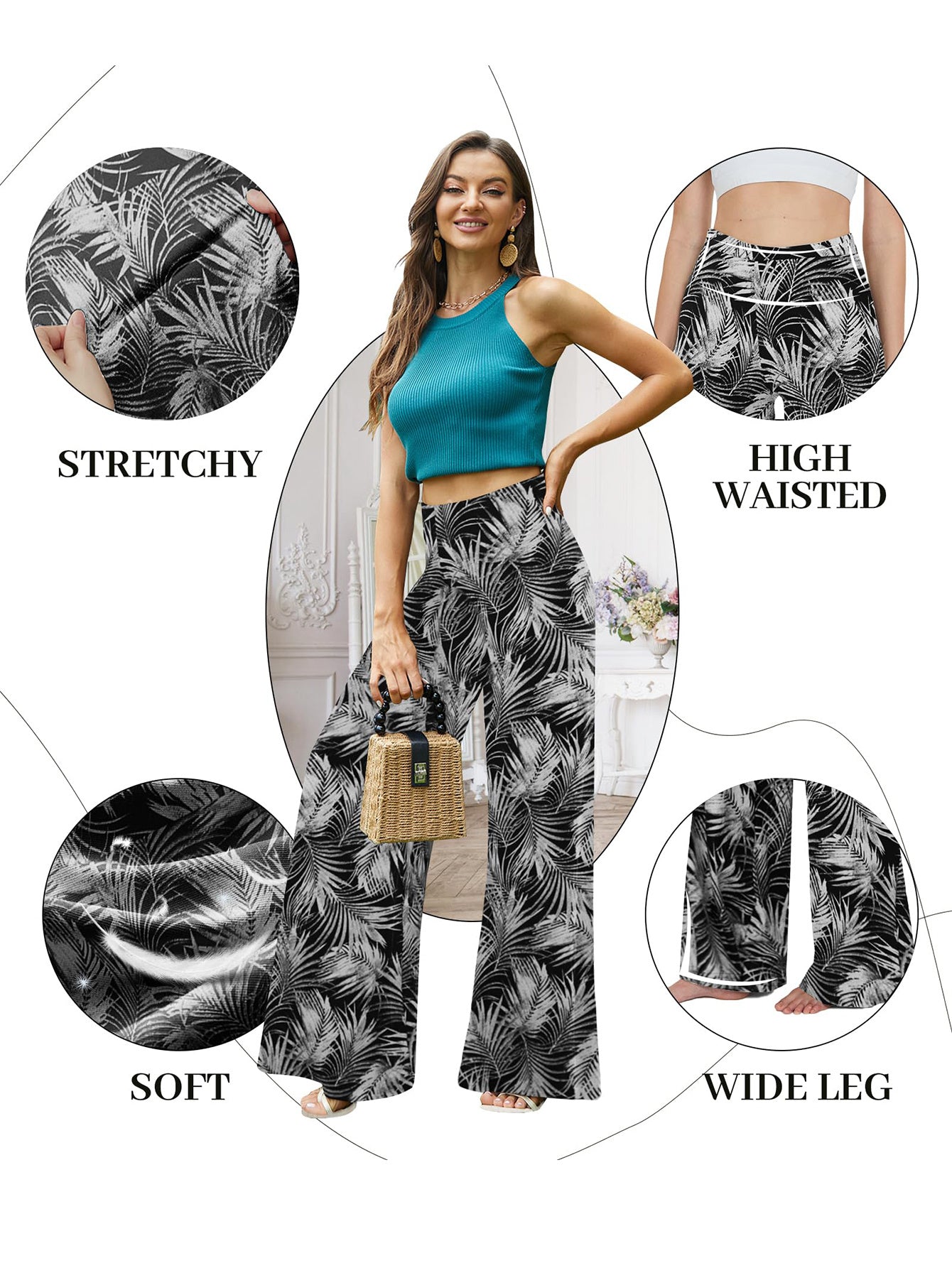 Wide-leg Trousers - Skirt Printed With White Leaves