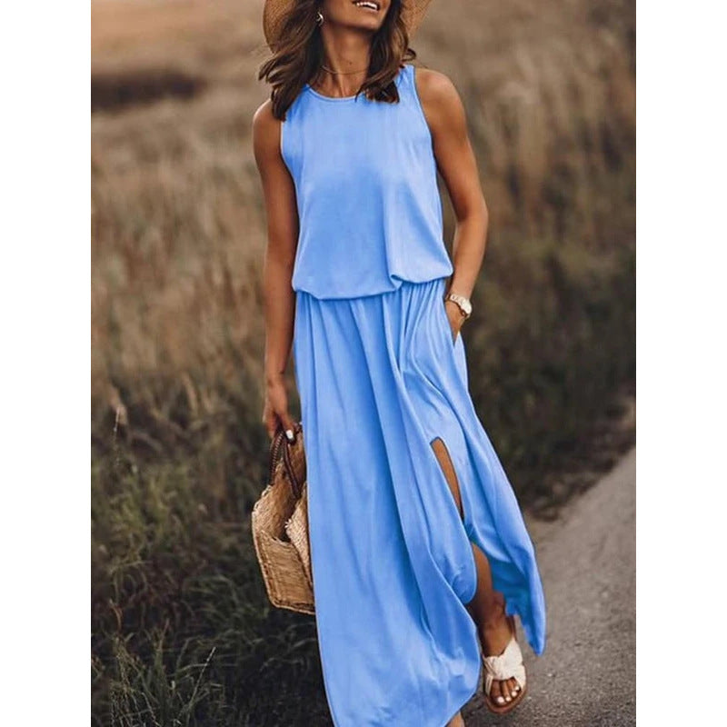 Women's Maxi Dress Summer Sleeveless Crewneck Sundress Casual Loose Long Dresses With Pockets