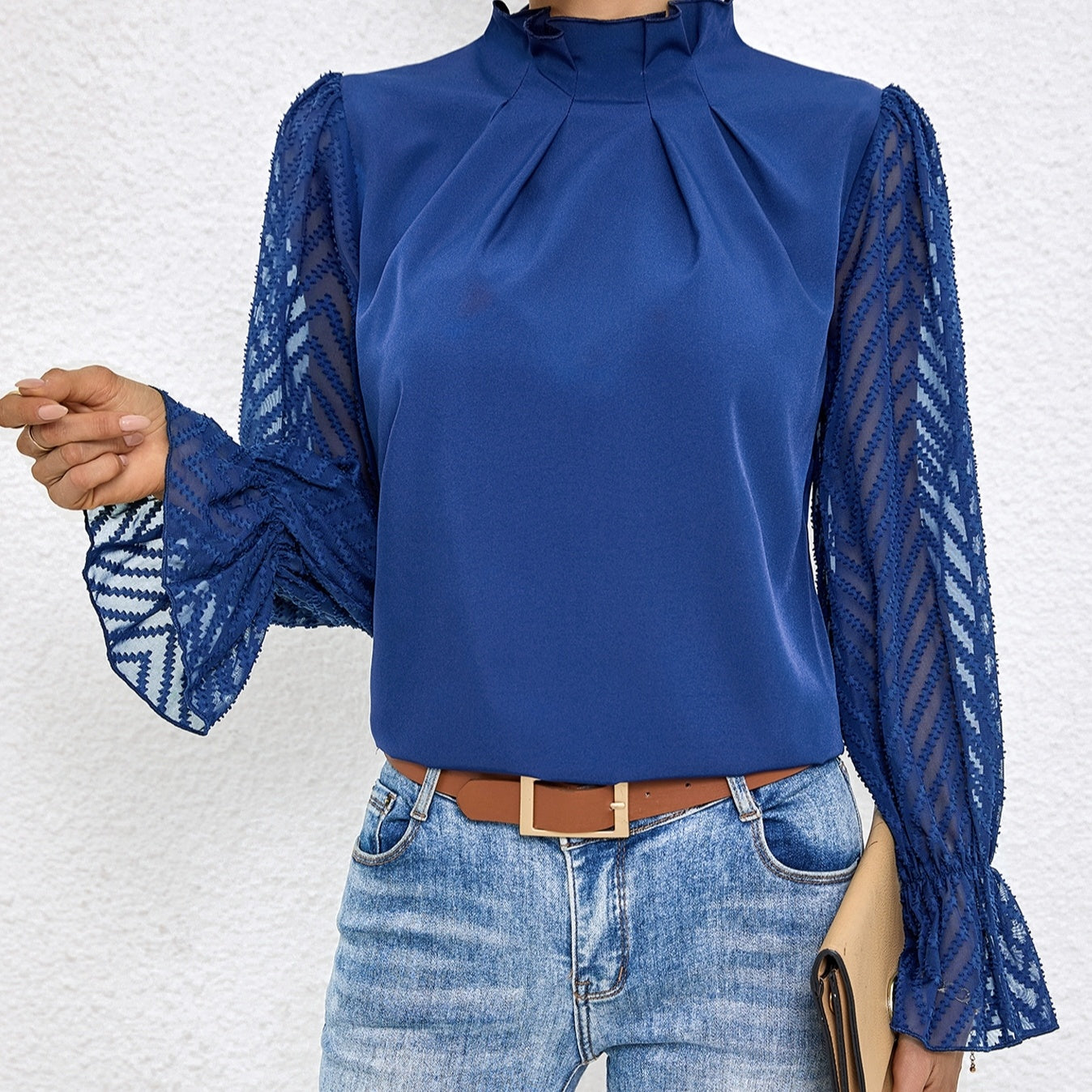 Women's Solid Color Mesh Patchwork Long Sleeved Shirt With Black Fungus Edge Collar