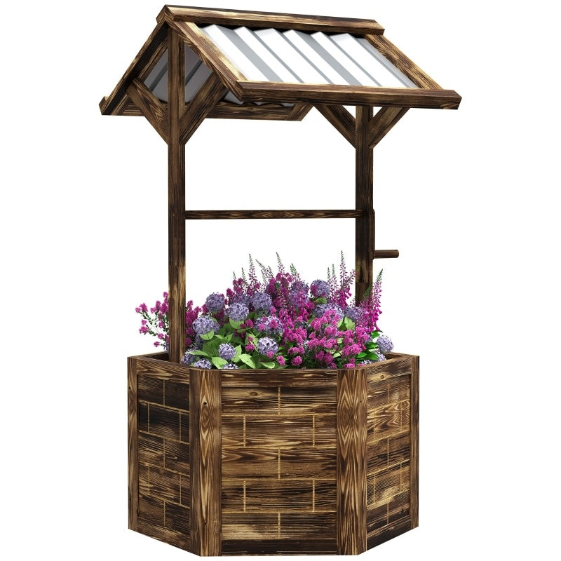 Wooden Wishing Well Planter, Raised Garden Bed With Galvanized Canopy-Tan