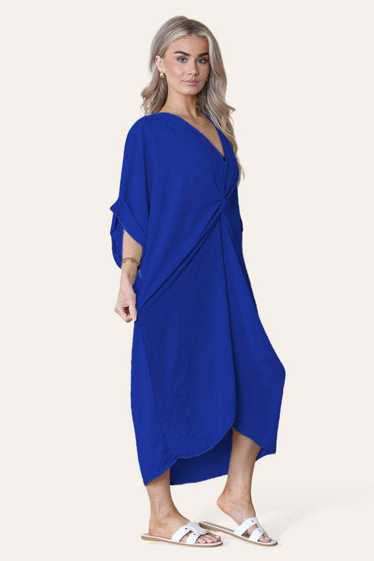 Womens V-Neck Tie Knotted Twisted Front Oversized Longline Midi Dress